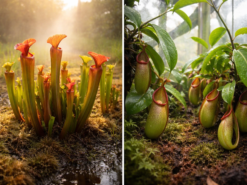 Two split views: sunlit Sarracenia bog with pitcher plants and a humid Nepenthes setup with lush leaves.