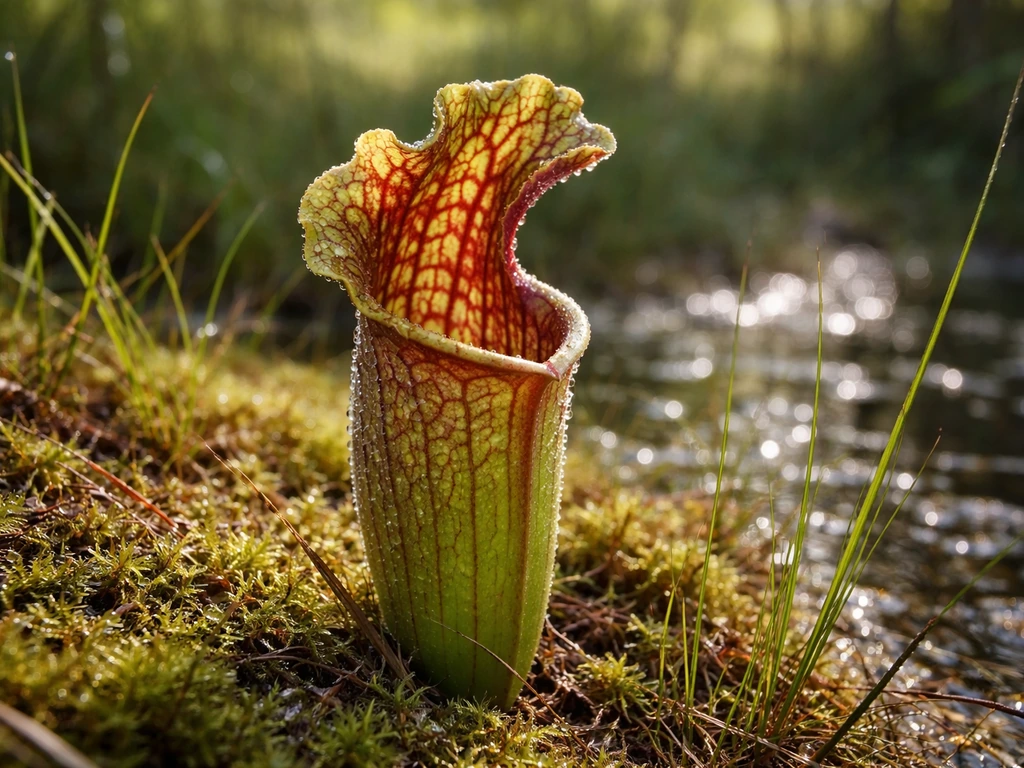 Close-up of a pitcher plant in a sunny wetland margin with moss and dew in soft dappled light