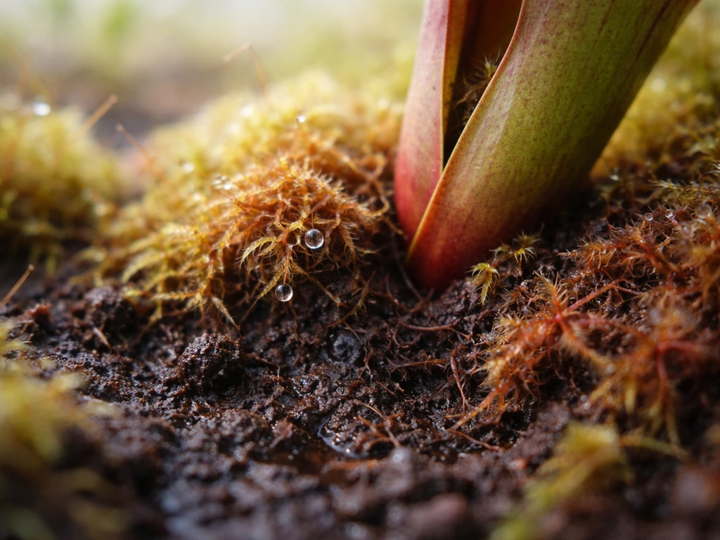 Macro view of wet sphagnum moss and peat-like bog substrate around a pitcher plant base.