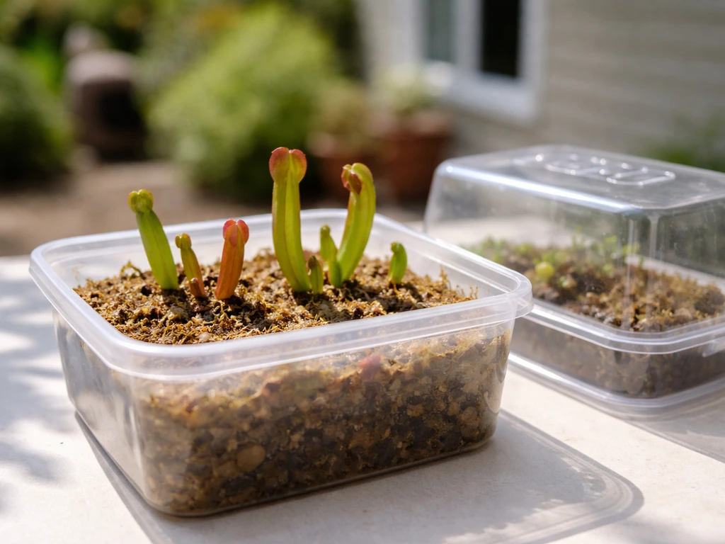 Wet sphagnum-peat container with young pitcher plants in a sunny at-home setup.