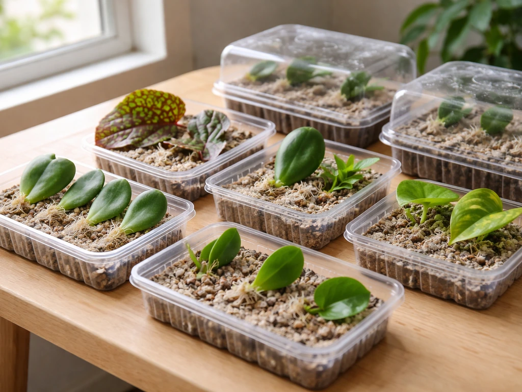 Side-by-side leaf cuttings in small trays showing roots emerging and new growth.