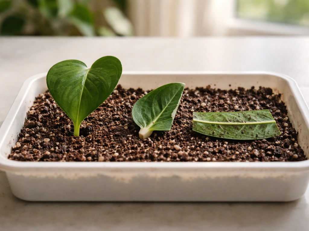 Close-up of three leaf-propagation setups: whole leaf with petiole, leaf blade callus, and vein segment on medium.