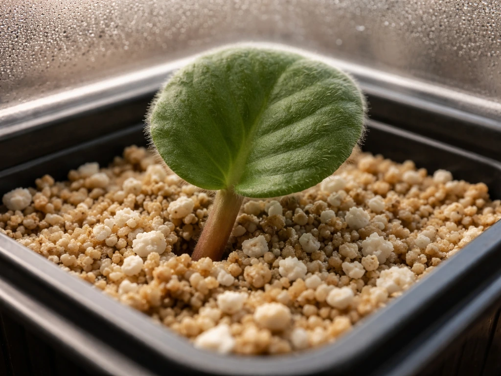 African violet leaf cutting with leaf base in vermiculite/perlite under a clear humidity cover