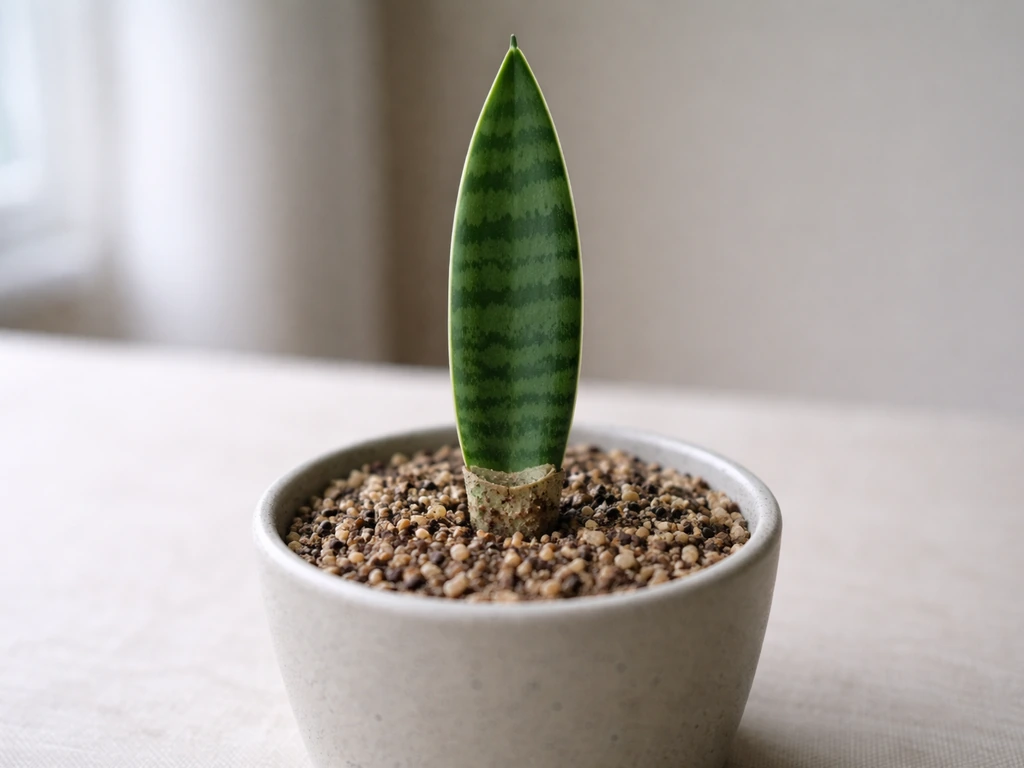 Sectioned snake plant leaf blade standing upright in gritty propagation mix in a small pot.