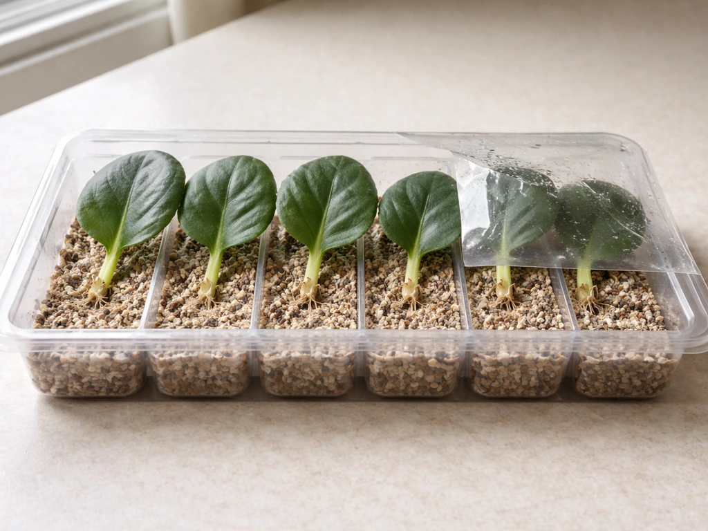Shallow tray of African violet leaf cuttings with different rooting stages in vermiculite-perlite.