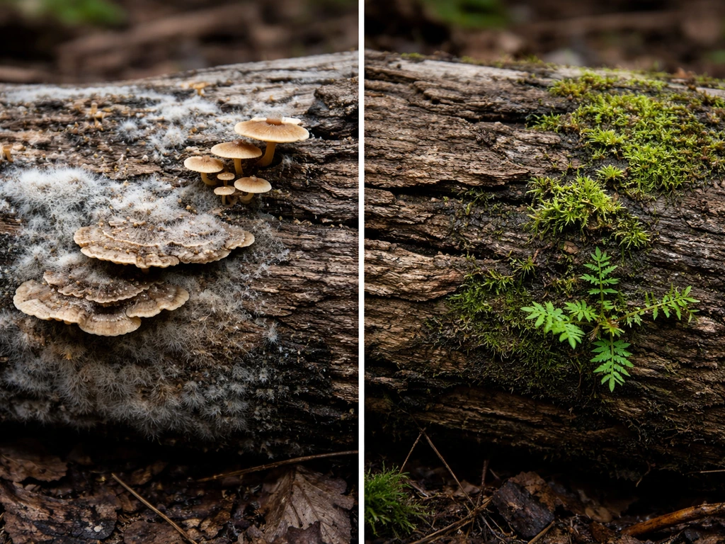 Left side mushrooms and mold on a rotting log; right side mossy green true plants on dead wood.