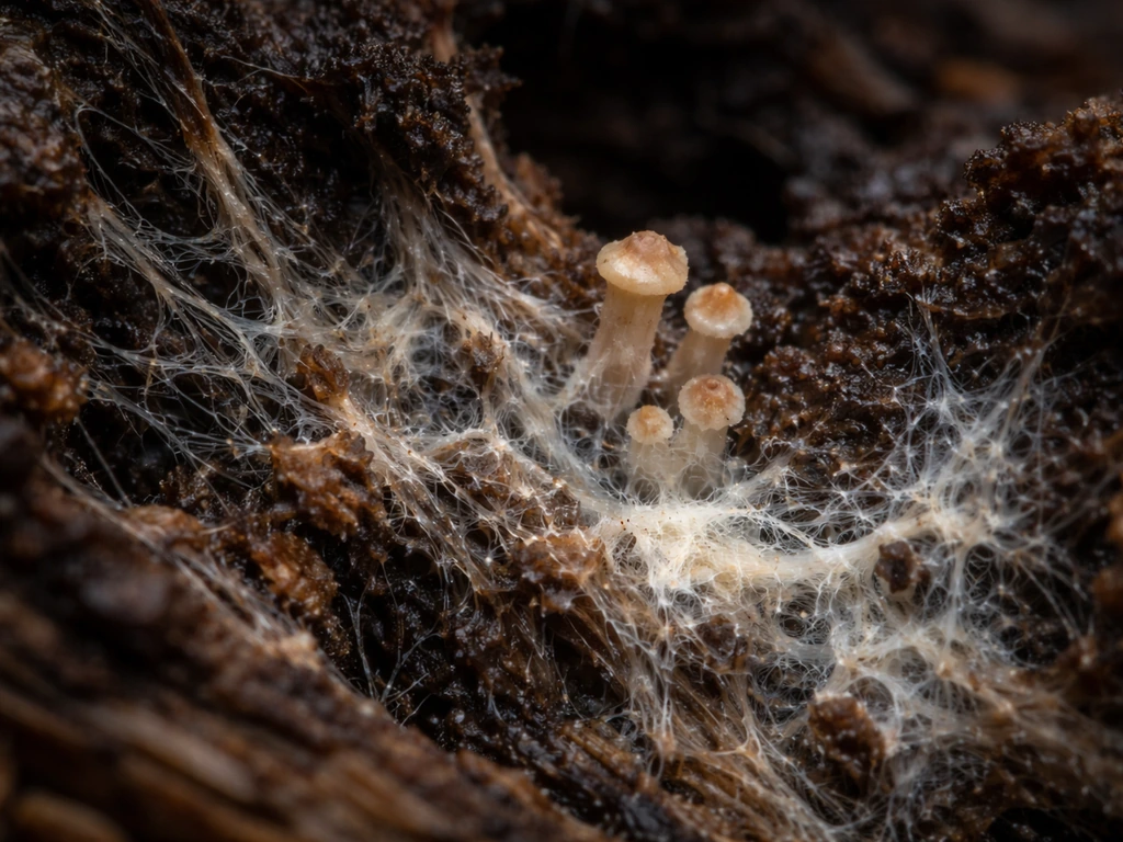 Macro close-up of white and gray thread-like mycelium spreading through decaying wood with small emerging fungal structu