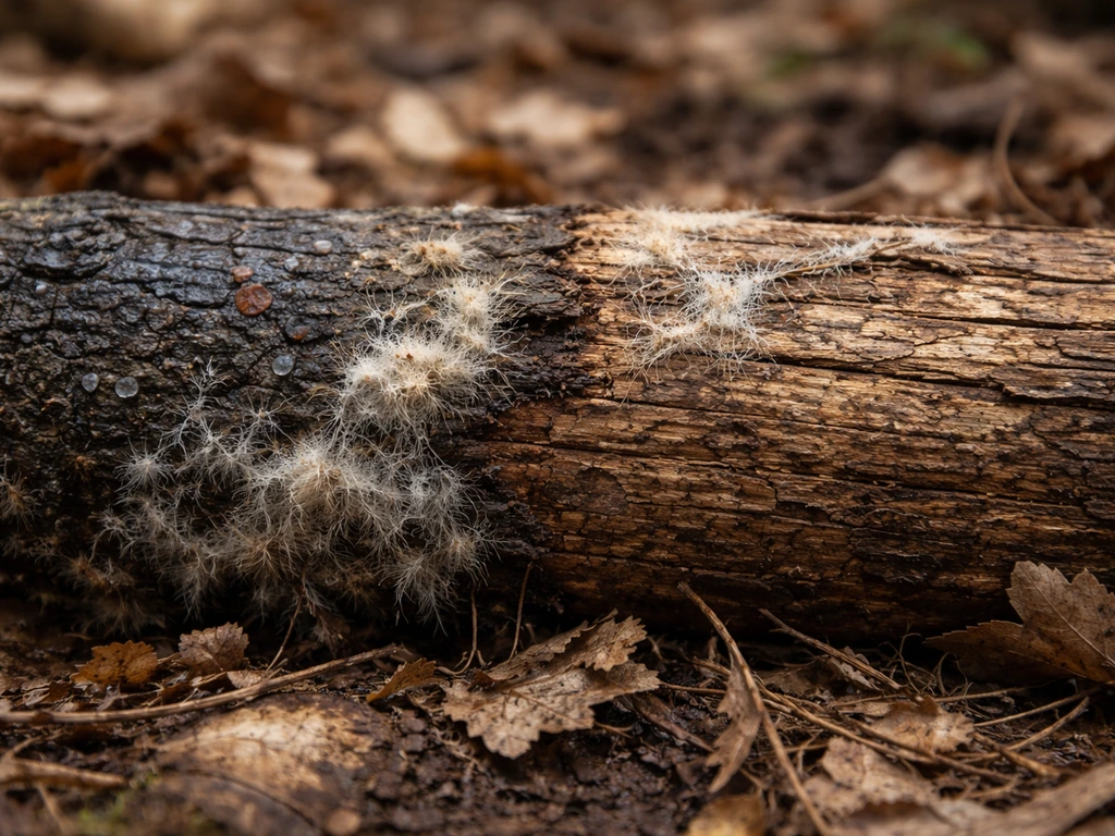 Close-up of damp and drier sections of rotting wood showing different fungal growth patterns