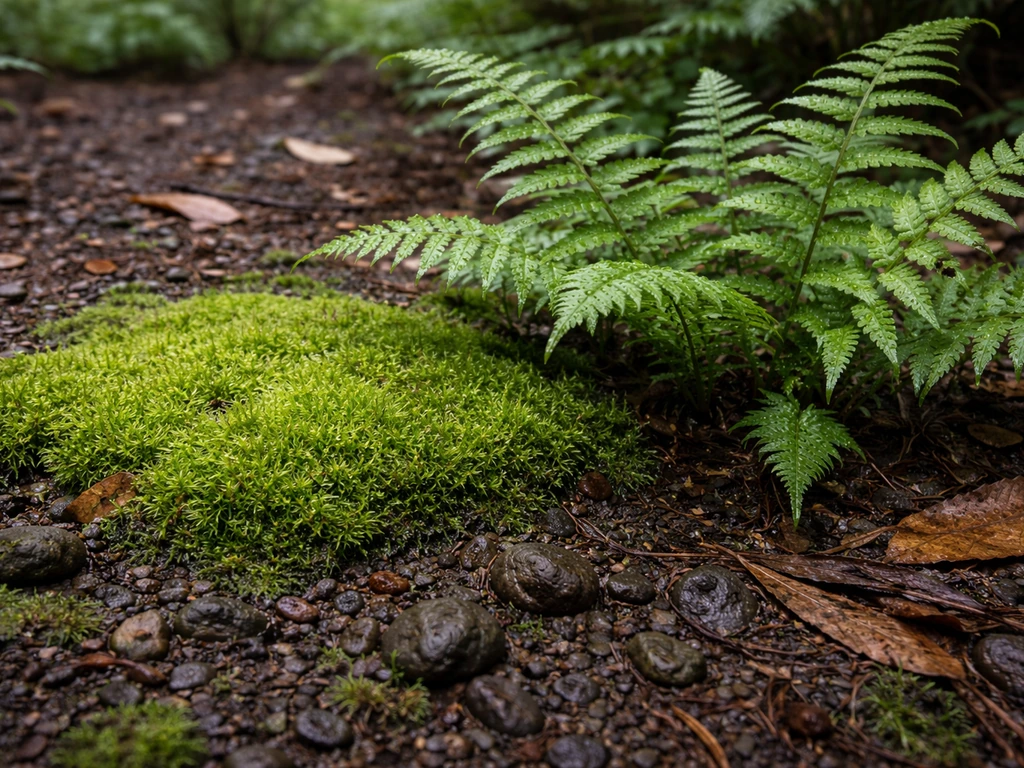 Moss patch and fern fronds growing together in a damp, shaded forest-school garden.