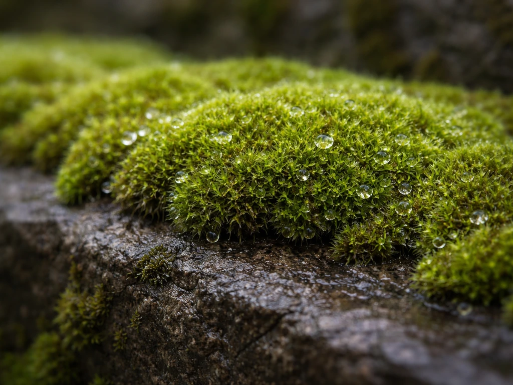 Close-up of lush green moss forming a dense cushion on a moist rock surface with tiny water droplets.