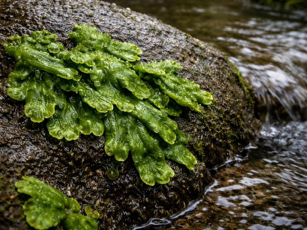 Close-up of flat green liverwort sheets tightly growing on a wet rock by a stream.