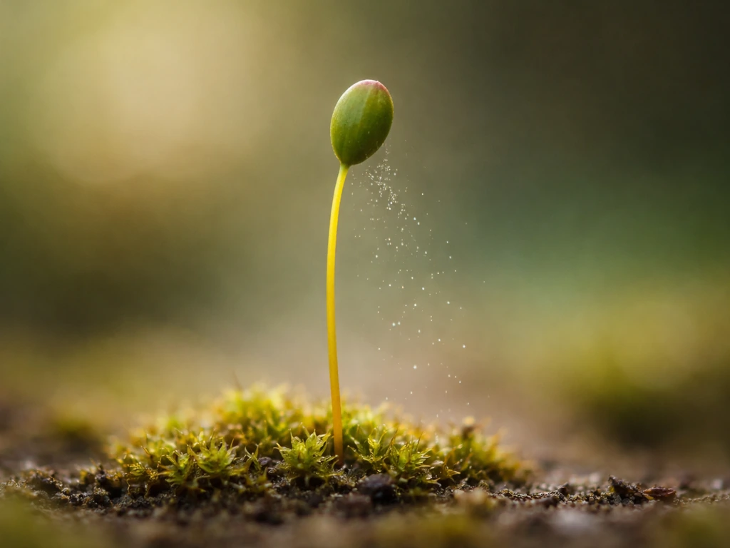 Moss sporophyte capsule releasing tiny spores into soil, shown in a minimal macro photo.