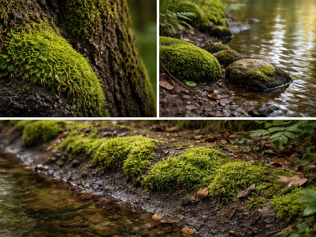 Moist shaded habitats with moss on rocks and tree trunk, plus damp stream bank and pond edge.