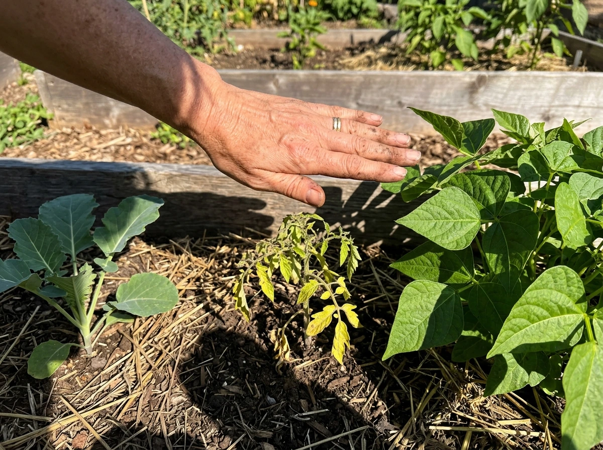 Hand holding over plants to check full sun versus shade in the bed