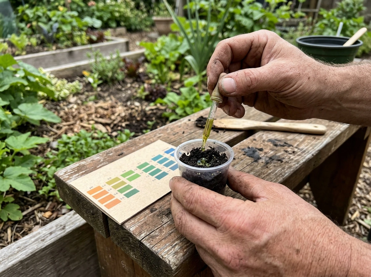 Tamped soil test with color chart showing alkaline vs acidic levels for plant compatibility