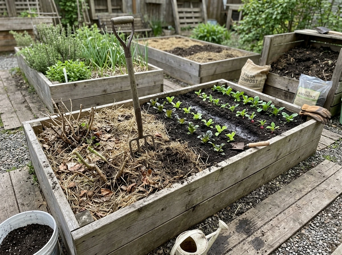 Raised bed with crop rotation plan: old plant residue cleared and new seedlings planted
