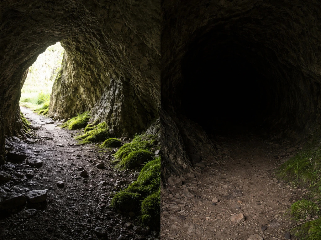 Cave entrance on one side with moss/algae in light, fading to darker interior with bare rock.