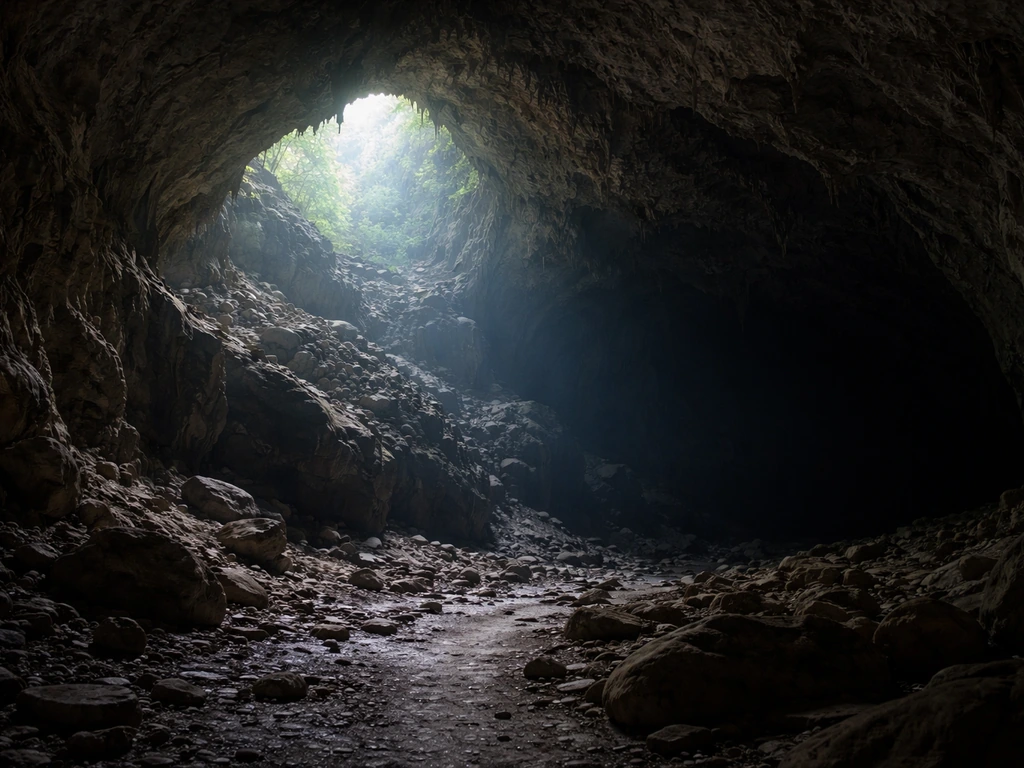 Minimal cave cross-section scene showing three zones from sunlit entrance to dark deep cave.