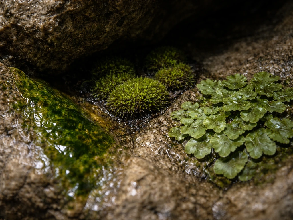 Close-up of cave rock showing three textures: green algae sheen, mossy tufts, and liverwort-like growth