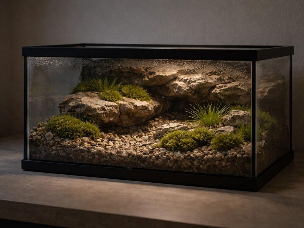 Low-light indoor terrarium with limestone-like rock substrate, moss, and humid cave atmosphere