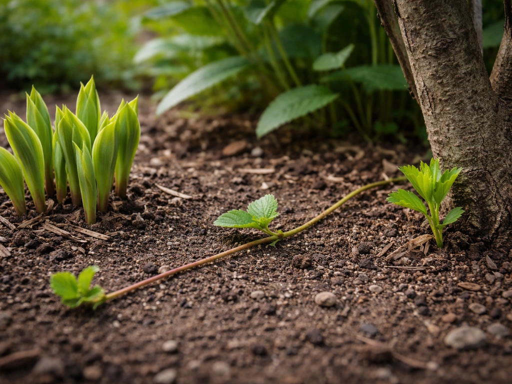 Close-up garden showing basal clumps, a runner/stolon, and a root sucker near the soil line.
