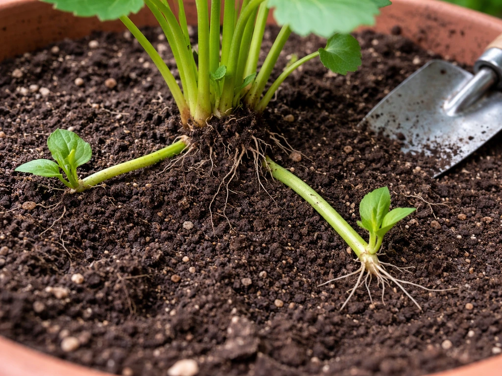 Close-up of a plant crown showing basal shoot, side runner, and root sucker near the base.