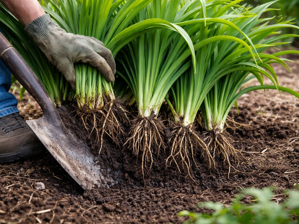 Hands use a spade to divide a crowded daylily clump, showing fan divisions and roots.