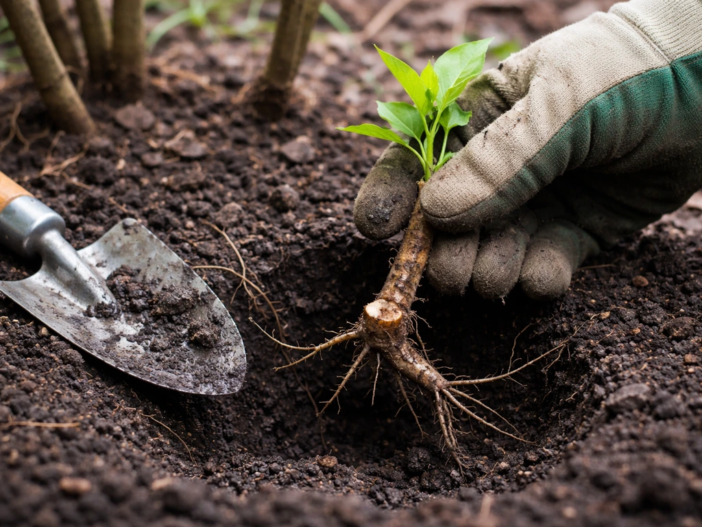 Gloved hands digging beside a lilac root sucker, exposing the cut connection to the main root for replanting.