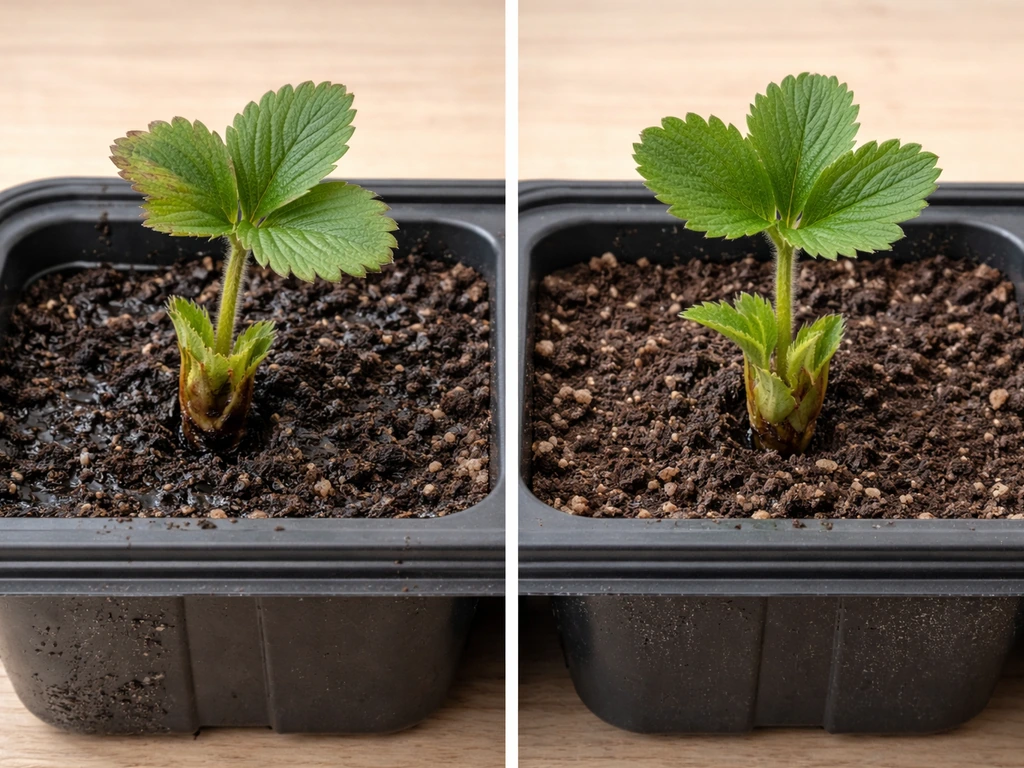 Propagation tray showing one strawberry cutting with dark rotted crown and one healthy rooted crown, with wet vs dry soi