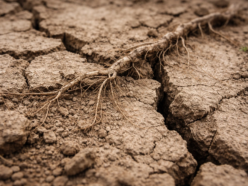 Close-up of cracked dry soil with exposed stressed roots showing drought desiccation.