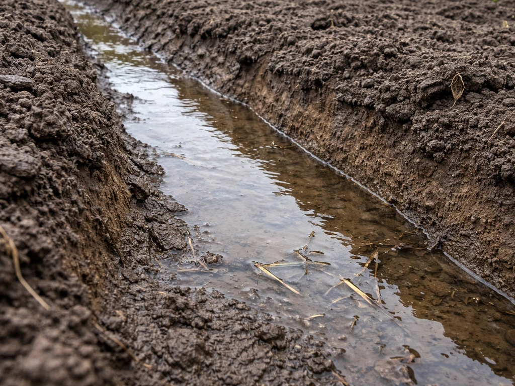 Waterlogged muddy soil with shallow standing water, showing a simple soil profile edge.