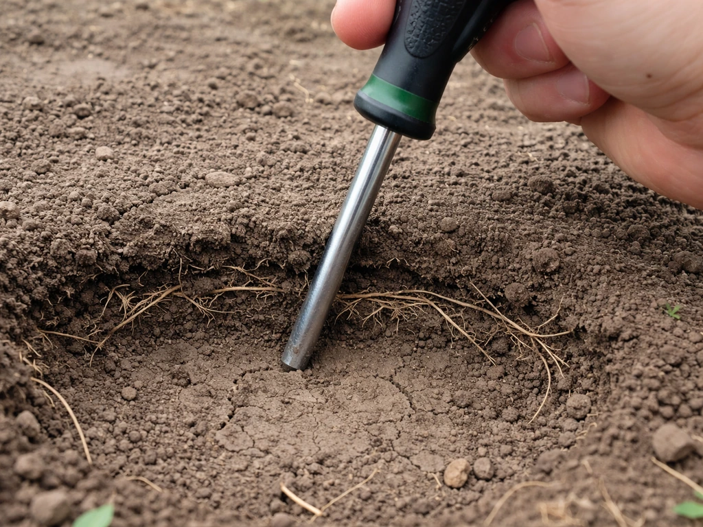 Close-up of a screwdriver-like soil probe stopping shallow in hard, compacted soil with roots visible.