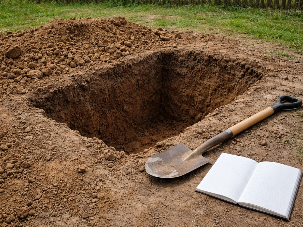 Notepad checklist beside a freshly dug test pit for drainage inspection outdoors