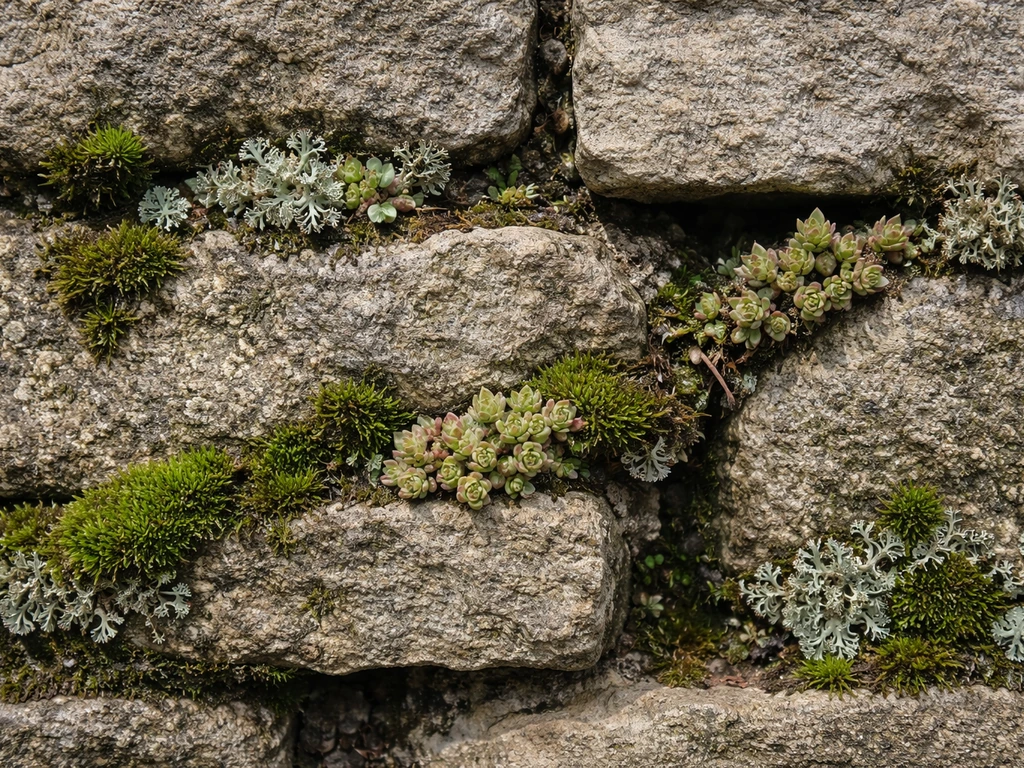 Close-up of a stone wall with cracks and joints hosting moss, lichens, and small stonecrop plants.