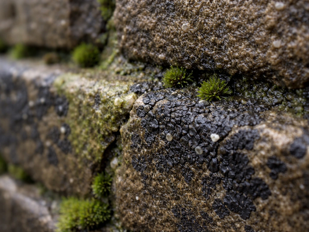 Macro view of wet mortar joints with algae film, dark crustose lichens, and small moss patches.