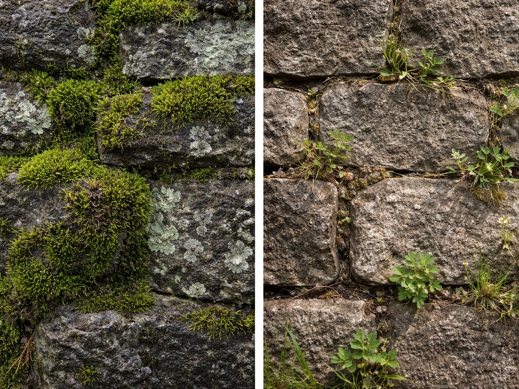 Close-up stone wall split: vivid winter moss/lichen on one side, bare stone with spring weeds on the other.