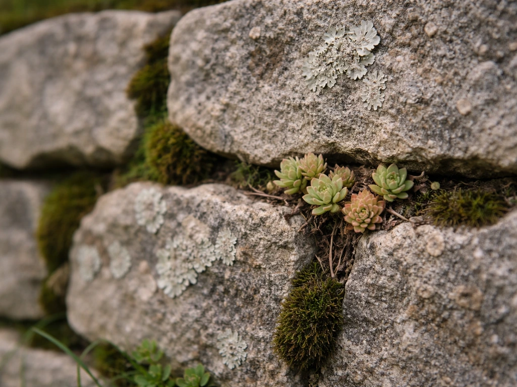 Close-up of small moss, lichen, and stonecrop growing on a weathered garden wall with soft natural light.
