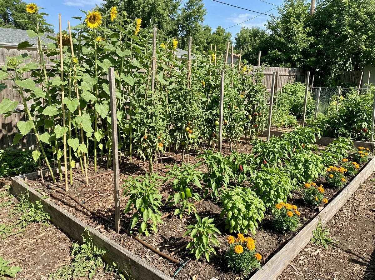 Tall north-side plants casting shade while full-sun crops get direct light