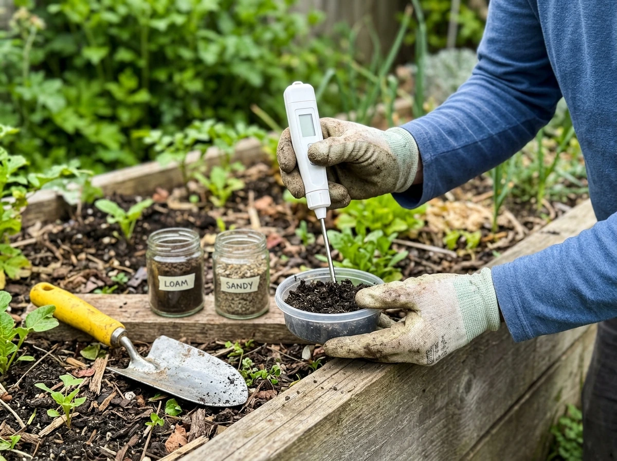 Soil pH and texture testing tools over a mixed bed soil sample