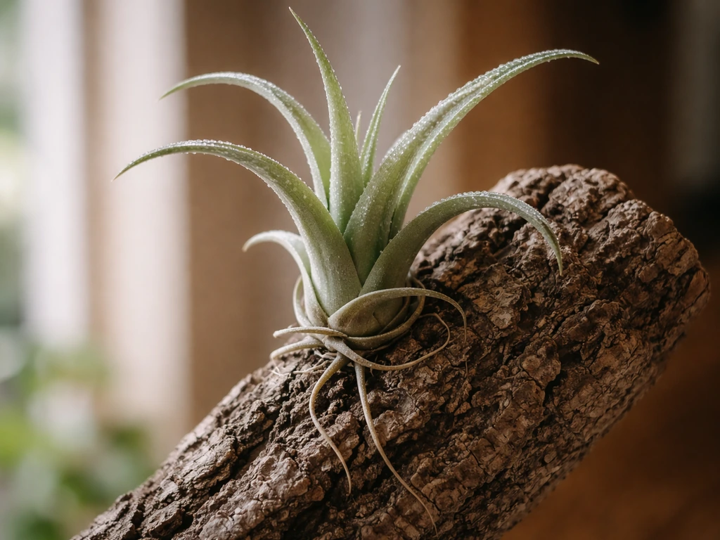 Close-up of a Tillandsia air plant attached to bark, leaves up and roots gripping the wood.