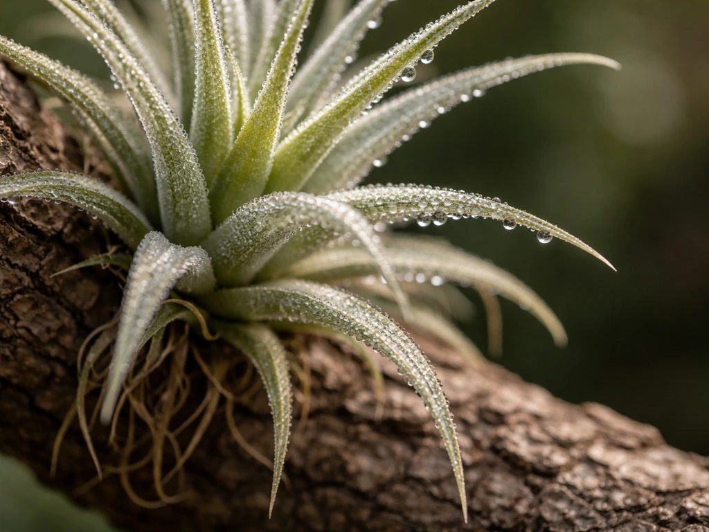 Macro closeup of an air plant’s leaf trichomes catching moisture on a branch, roots gripping nearby.