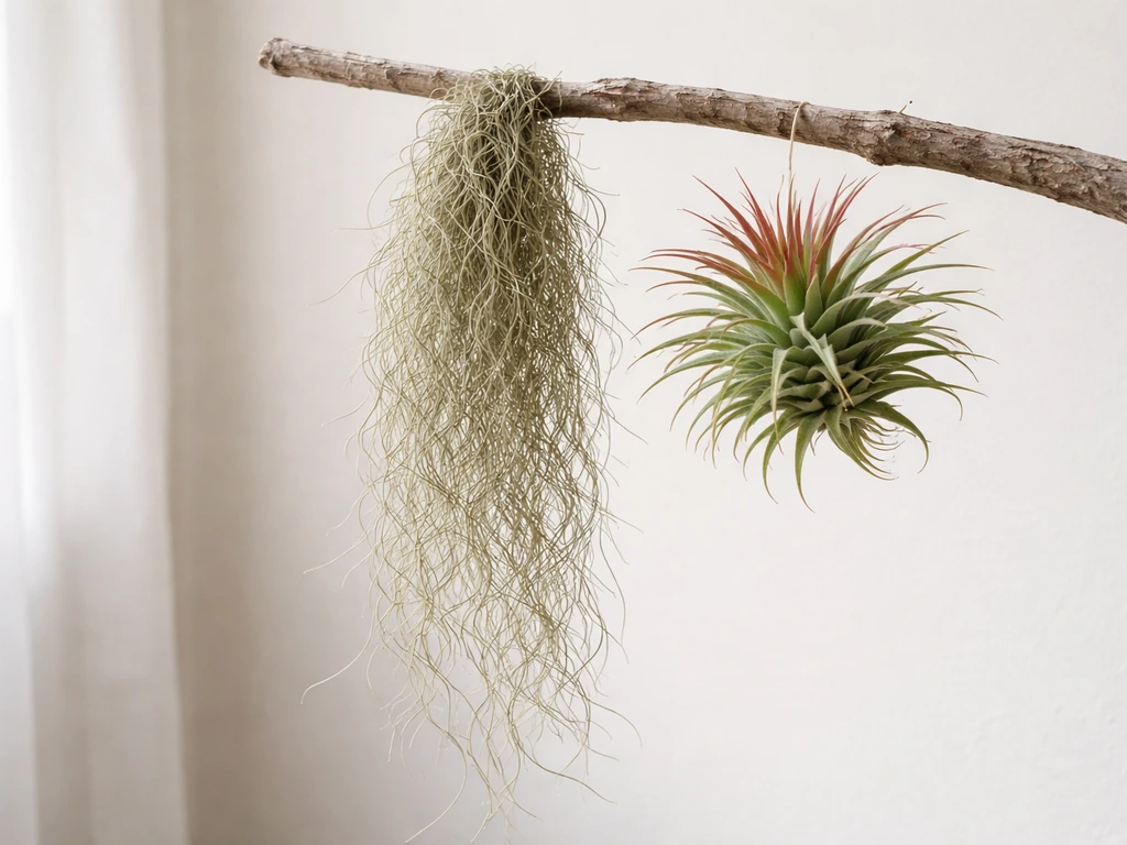 Hanging Spanish moss air plant with a second Tillandsia species nearby on a simple branch.