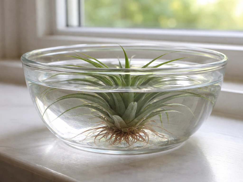 An air plant soaked in a clear bowl of room-temperature water under bright natural window light.
