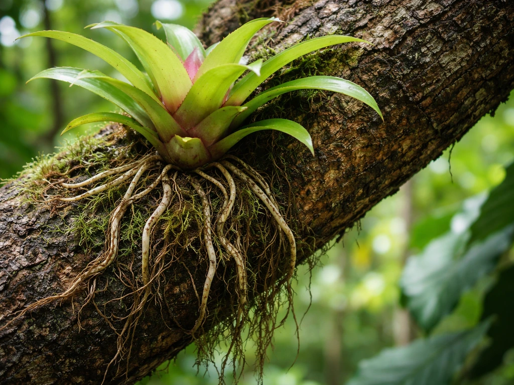 Close-up of an orchid-like epiphyte growing on a living tree branch, showing its roots attached to bark.
