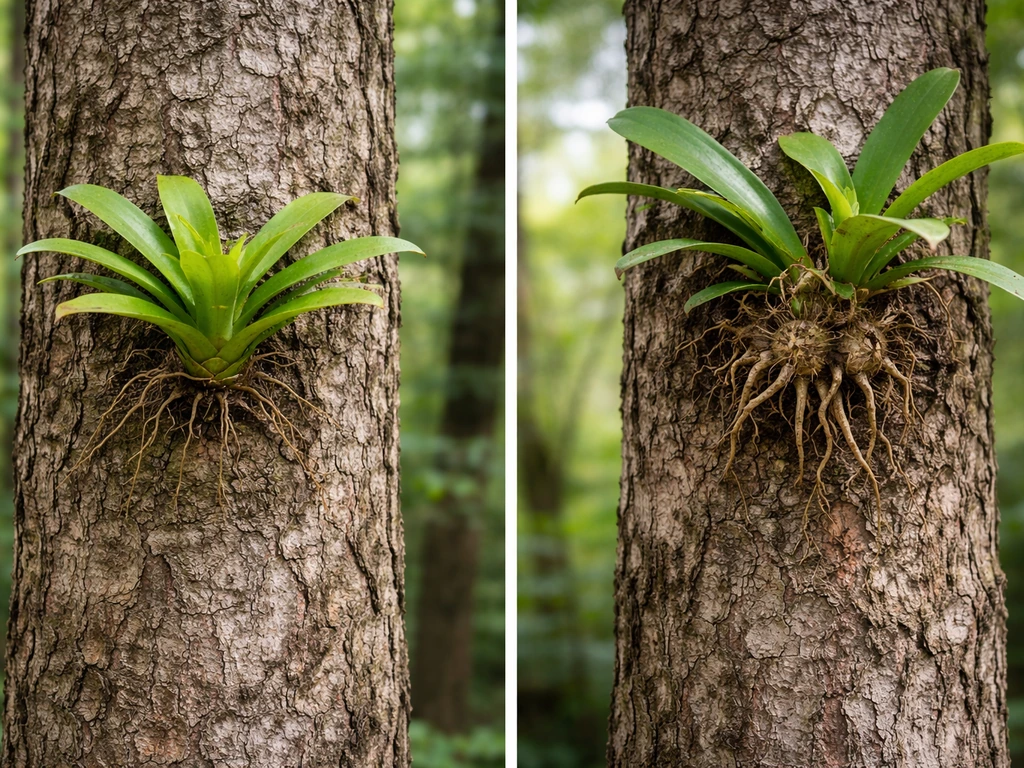Side-by-side trees showing an epiphyte clinging on bark and a parasite attached with intrusive growths.