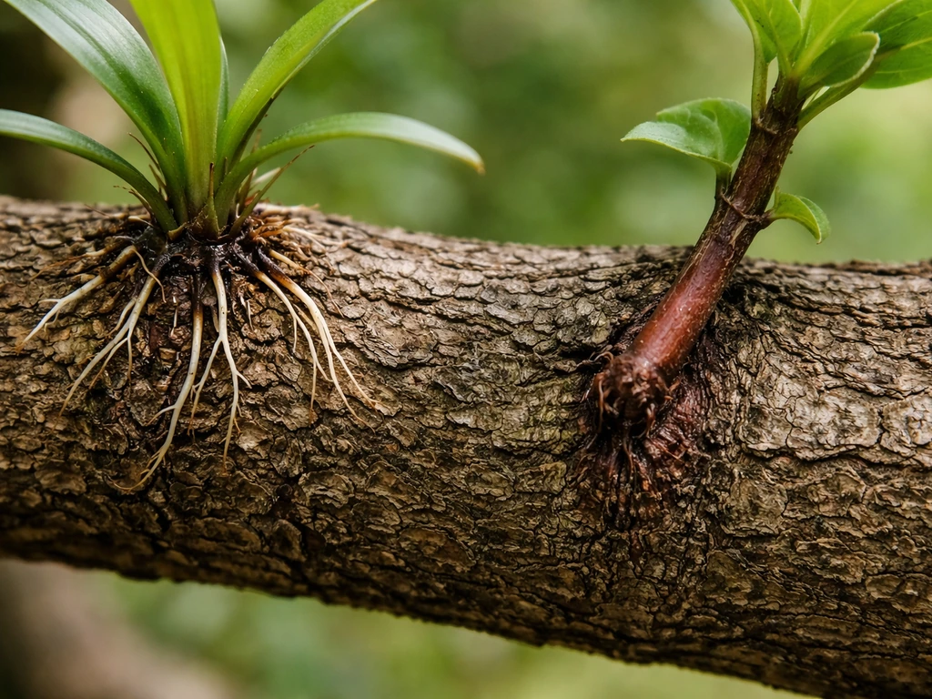 Close-up of an epiphyte-like holdfast on tree bark versus more embedded-looking parasite attachment