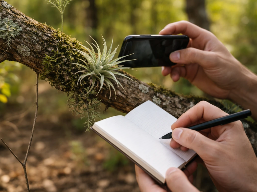 Hands photographing and noting an epiphyte on a host tree branch in a quiet woodland.
