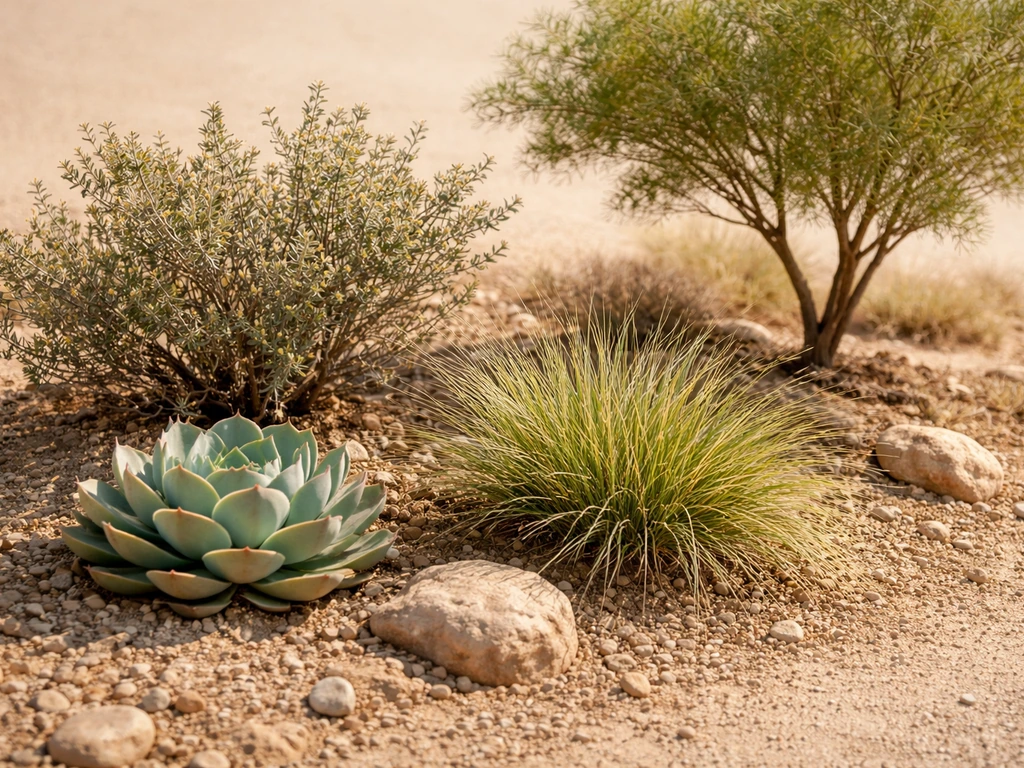 Dry-area plants collage: succulent rosette, desert shrub, ornamental grass, and small drought-tolerant tree in sandy soi
