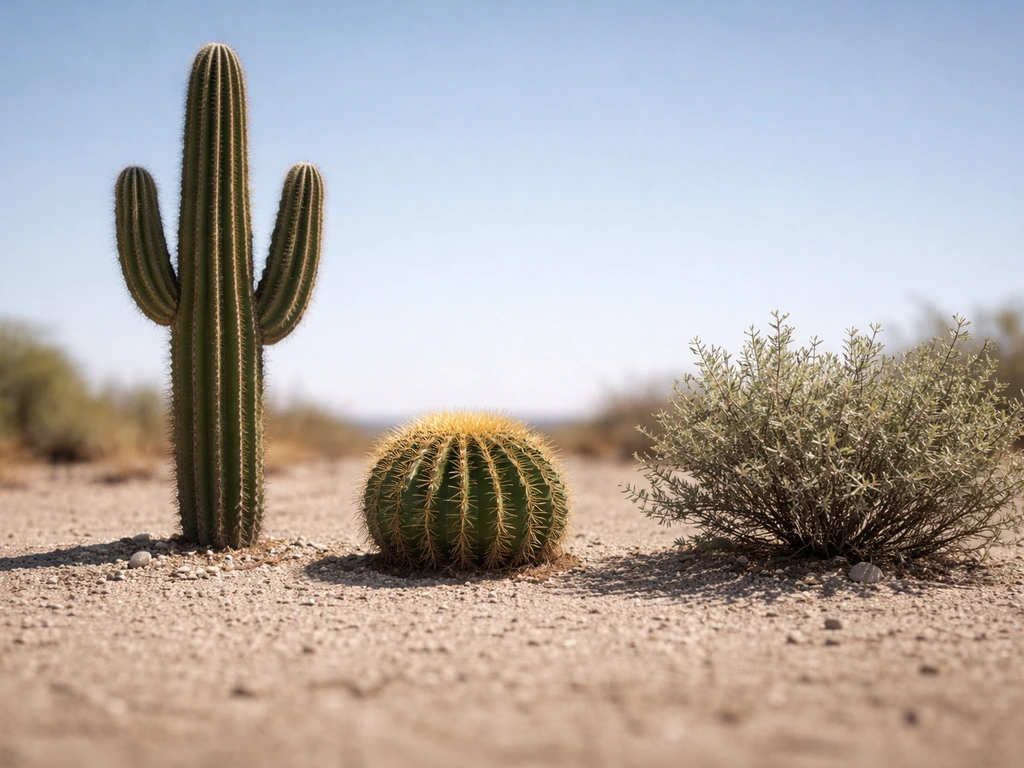 Three desert plants—saguaro-like cactus, barrel cactus, and drought-hardy shrub—on sandy ground.