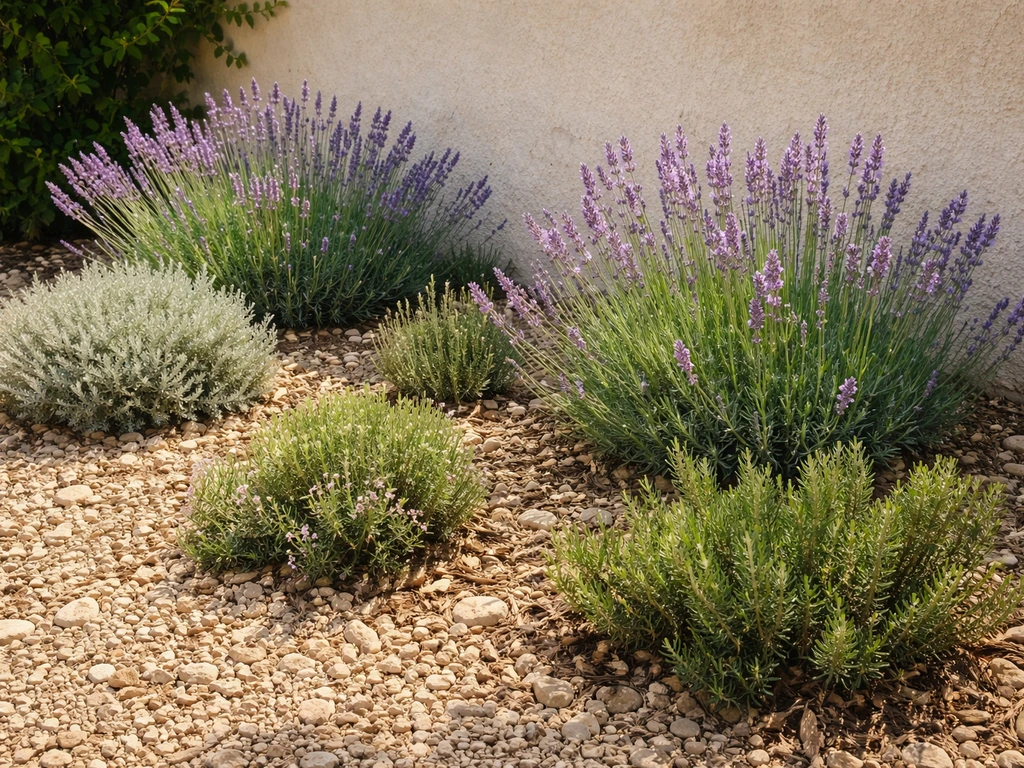 Lavender and drought-tolerant shrubs growing in gravelly, well-drained soil in a sunny yard